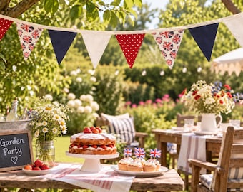 May include: A festive bunting banner with red polka dot, solid navy blue, solid white, and Union Jack patterned triangular flags. A cake with strawberries and cream, cupcakes with Union Jack toppers, and a chalkboard sign reading Garden Party.