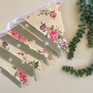 Outdoor Handmade Waterproof Garden Bunting - Outdoor  Single or Double Sided   - Garland - Banner - Cream Rose Floral Sage