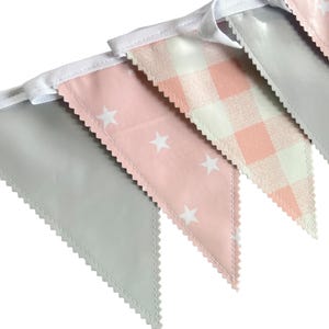 Outdoor Handmade Waterproof Garden Bunting - Outdoor Single or Double Sided - Garland - Banner - Grey Pink Star Gingham