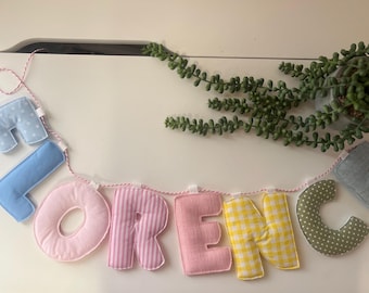 Personalised Padded Garland Banner Bunting Puffy Letters Lilac Yellow Blue Mix  - Name Bunting Teacher Gift