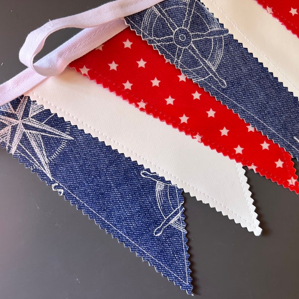 Handmade Outdoor Waterproof Bunting | Seaside Beach Red Stars White Blue Nautical Single or Double Sided