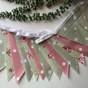 Outdoor Handmade Waterproof Garden Bunting - Outdoor  Single or Double Sided   - Garland - Banner - Sage Green Pink