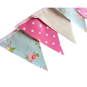 Outdoor Handmade Waterproof Garden Bunting - Outdoor Single or Double Sided - Garland - Banner - Bright Pink Rose Floral Mix