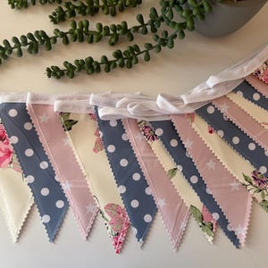 Outdoor Handmade Waterproof Garden Bunting - Outdoor  Single or Double Sided   - Garland - Banner - Pink Rose Floral Blue Spot