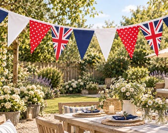 Könnte beinhalten: Eine Girlande aus dreieckigen Wimpeln mit einem sich wiederholenden Muster aus einfarbigem Marineblau, Weiß, Rot mit weißen Punkten und dem Union Jack-Flaggendesign, die horizontal in einem Garten aufgehängt ist.
