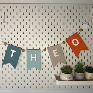 Personalised Chalk Paint Wooden Bunting Flags with Small Stars Felt Balls 48 Colours Available