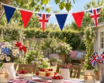 May include: A string of triangular bunting flags featuring alternating solid blue, solid red, and Union Jack patterns. The flags are suspended on a white cord, creating a decorative display with a patriotic theme for outdoor celebrations.
