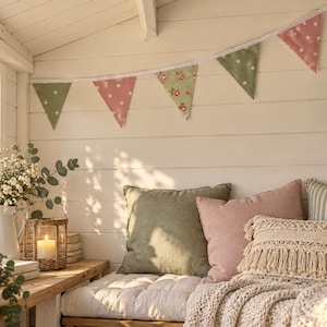 Outdoor Waterproof Garden Bunting - Sage Green Star Floral Pink Spot