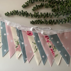 Outdoor Handmade Waterproof Garden Bunting - Outdoor  Single or Double Sided   - Garland - Banner - Pink Rose Floral Blue Spot