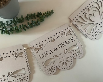 Banderines de madera personalizados para recepción de bodas, aniversarios y lugares de celebración, decoración de papel picado