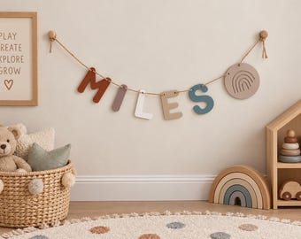 以下が含まれることがあります： MILESという名前を綴った木製の文字の装飾用ウォールバナー。テラコッタ色のM、モーブ色のI、白色のL、ベージュ色のE、青色のSで構成され、虹のデザインが彫られた円形の木製プレートが付属しています。