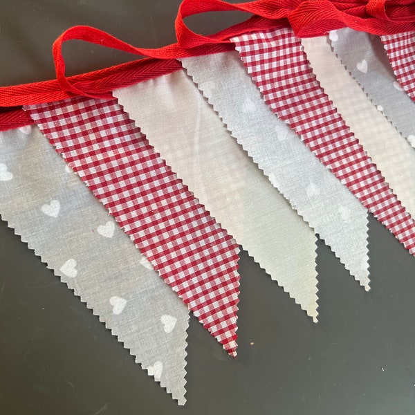 Handmade Garland Cotton Bunting | Valentines Day Red Gingham & Grey Hearts