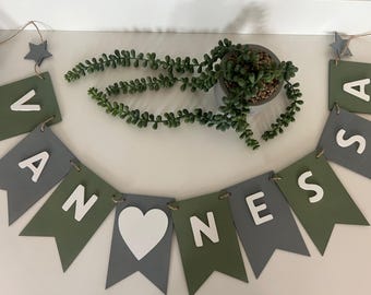Personalised Chalk Paint Wooden Bunting Heart 2 Names 48 Colours Available