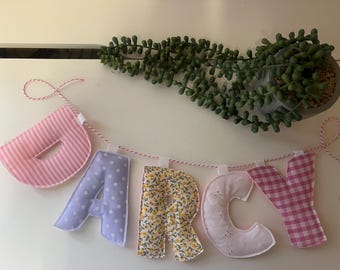 Personalised Padded Garland Banner Bunting Puffy Letters Lilac Yellow Floral Pink Mix  - Name Bunting Teacher Gift