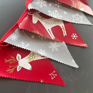 Handmade Outdoor Christmas Waterproof Bunting | Red Reindeer Silver white snowflakes stars