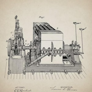 Puede incluir: Un plano antiguo del generador eléctrico de T.A. Edison, patentado el 17 de julio de 1883. La ilustración detallada muestra los componentes del generador, incluyendo engranajes, cilindros y una carcasa central. El dibujo es en blanco y negro, con texto que indica el inventor y los detalles de la patente.