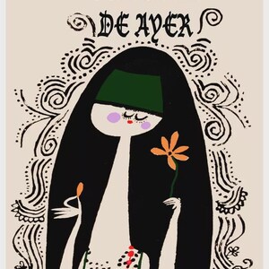 May include: Vintage poster for "Comedias de Ayer" from cinemateca de cuba. The illustration features a stylized figure with long black hair, a green hat, and a flower. The poster has decorative swirls and text in Spanish, with dates in April and May.