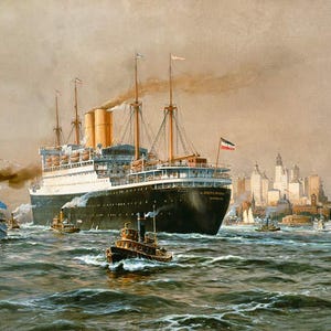 May include: A vintage painting depicts a large passenger ship, the 'Kronprinzessin Cecilie,' sailing on the water. Several tugboats surround the ship, with a city skyline in the background. The painting has a muted color palette.