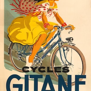 May include: Vintage poster advertising "Cycles Gitane." The image features a woman riding a blue bicycle, wearing a yellow dress and a black head covering. The poster has a retro style with text in bold, dark blue letters.