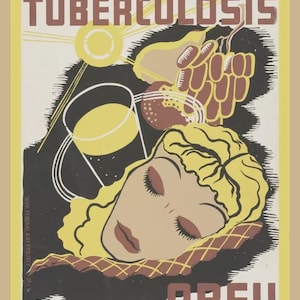 Può includere: Poster vintage con il testo "FIGHT TUBERCULOSIS" e "OBEY THE RULES OF HEALTH". L'immagine presenta un volto femminile, frutta e un bicchiere di succo, il tutto in stile retrò con una combinazione di colori giallo e marrone.