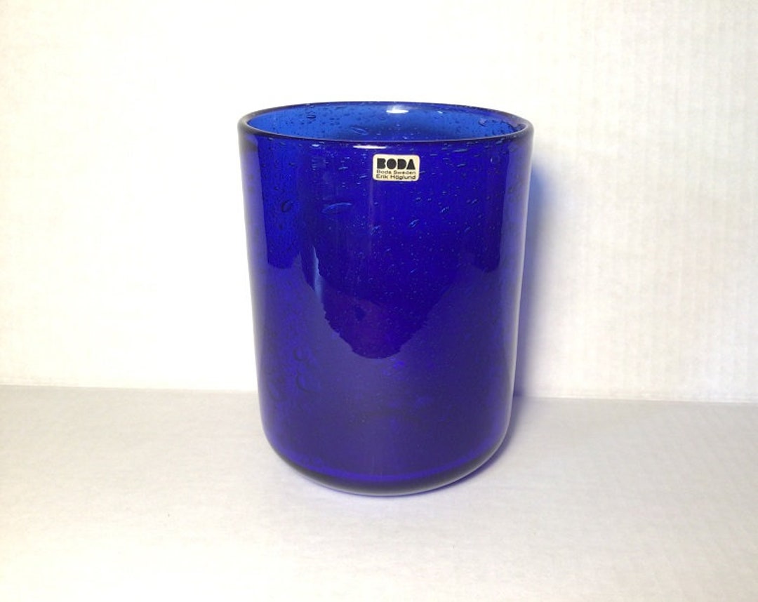 Vintage Blue Bubble Glass Vase Designed by Erik Hoglund for Boda Sweden