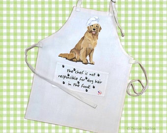 Golden Retriever Smiling Chef Apron with Pocket, Poly-Cotton Linen Weave, Fits Most Adults