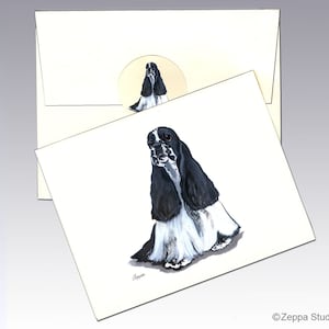 Schwarze und weiße Cocker Spaniel Grußkarten, Grußkarten in Box, personalisierte Grußkarten