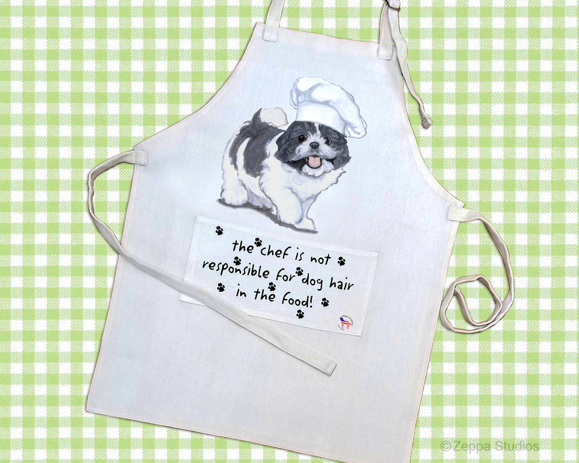 Shih Tzu Chef Apron with Pocket, Poly-Cotton Linen Weave, Fits Most Adults