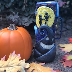 3D Pumpkin King Starry Night - Sculpted Clay with Glow in the Dark Face on an Insulated Stainless Steel 30 oz Skinny Tumbler with Handle