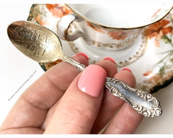 Antique Sterling Souvenir Spoon, Tiny Demitasse Spoon Beautiful Hand Engraving Santa Ana and Luita From the Early 1900s Darling Smol & Cute