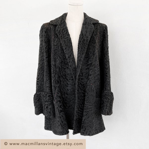 1940s -50s Karakul Black Lamb Real Fur Swing Coat, Bell Sleeves, Pockets, Pre-Owned Fur Coat, Womens L, 30" Long by Max Specialty Shop, PA