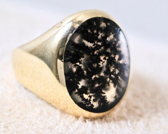 Dendritic Moss Agate 14K Gold Antique Pinky or Child Ring Small Size, Black Inclusions, US sz 2.75 *Signature On Delivery See Item Descript.