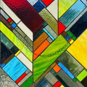 LumenAndLead Colorful Frank Lloyd Wright-Inspired Stained Glass Window Panel | Modern Geometric Art Glass | Handmade Window Decor Suncatcher