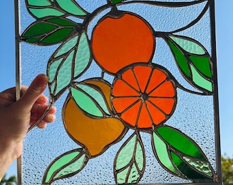 Orange Citrus Stained Glass Panel – Handmade Citrus Fruit Window Hanging, Kitchen Decor, Unique Gift for Gardeners & Fruit Lovers