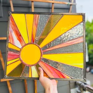 LumenAndLead Stained Glass Sunburst Window Panel | Radiant Sunburst Suncatcher | Handcrafted Glass Art | Bright Boho or Mid-Century Decor