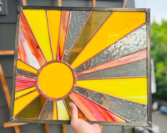 LumenAndLead Stained Glass Sunburst Window Panel | Radiant Sunburst Suncatcher | Handcrafted Glass Art | Bright Boho or Mid-Century Decor