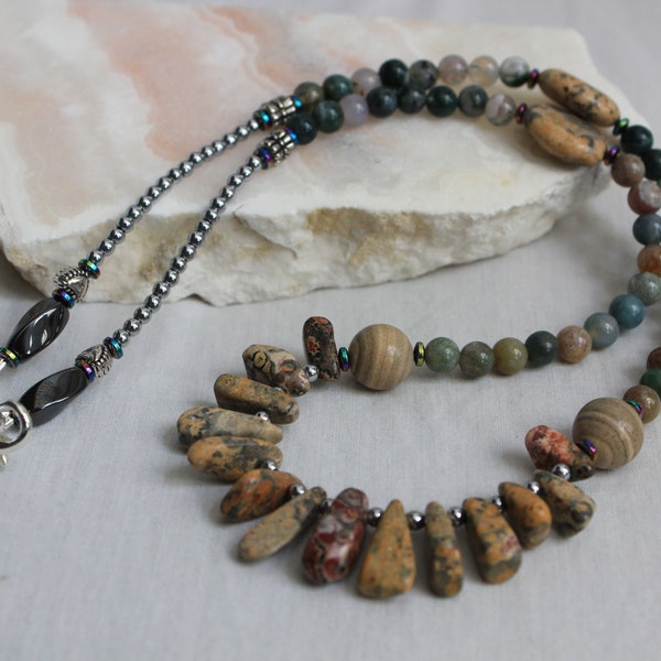 24 Inches Leopard Skin Jasper Fan Style Necklace Picture Jasper Indian Agate Moss Agate Rainbow Hematite Boho Beaded Gorgeous Stone Necklace