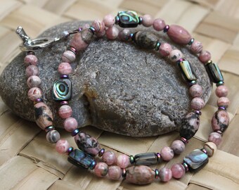 AGLOW ABALONE BEAUTY 19 Inches Necklace Pink Necklace Abalone Necklace Rhodonite Necklace Rhodochrosite Necklace Pretty Stone Necklace