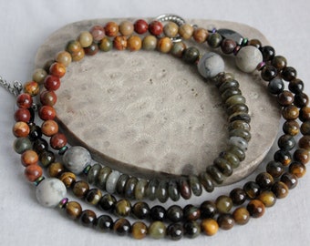 25.5 Inches Spider Web Jasper Cherry Creek Jasper Rainbow Hematite Red Yellow and Blue Agate Beaded Primary Color Stone Necklace Rockinon