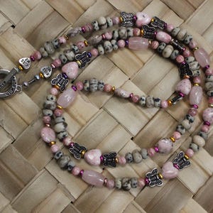 RHODONITE NECKLACE 32 Inches Necklace Rhodocrosite Necklace Dalmation Jasper Necklace Rose Quartz Necklace Feldspar Necklace Heart Necklace