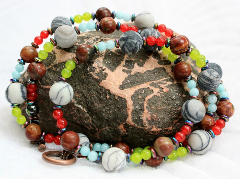 25.5 Inches Spider Web Jasper Cherry Creek Jasper Rainbow Hematite Red Yellow and Blue Agate Beaded Primary Color Stone Necklace Rockinon