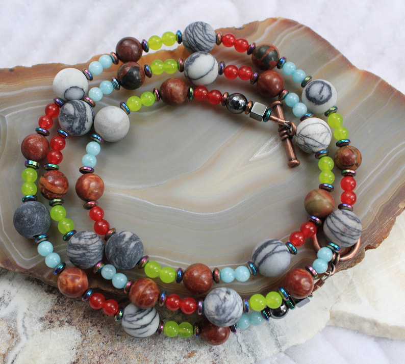 25.5 Inches Spider Web Jasper Cherry Creek Jasper Rainbow Hematite Red Yellow and Blue Agate Beaded Primary Color Stone Necklace Rockinon