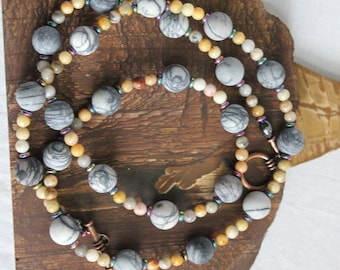 26" Spider Web Jasper Necklace, Crazy Lace Agate Boho Beaded Necklace