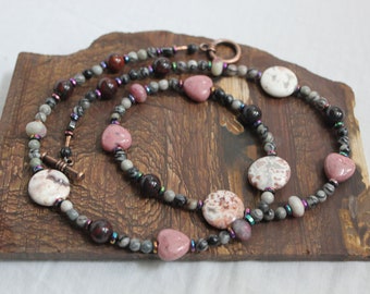 LOOK LOVE ENJOY!!!!! 25 Inches Rhodonite Hearts Pink Opal Spider Web Jasper Red Jasper Crazy Lace Agate Rainbow Hematite Boho Stone Necklace