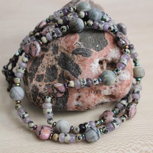 CALMING NECKLACE HEART Necklace 29 Inches Necklace Amethyst Necklace Dalmation Jasper Necklace Picasso Marble Necklace Rhodonite Necklace