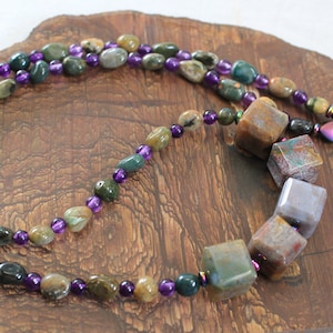 OCEAN JASPER BEAUTY 24.5 Inches Poppy Jasper Focal Stone Necklace Rainbow Hematite Healing Boho Stone Necklace Purple Stone Agate Necklace