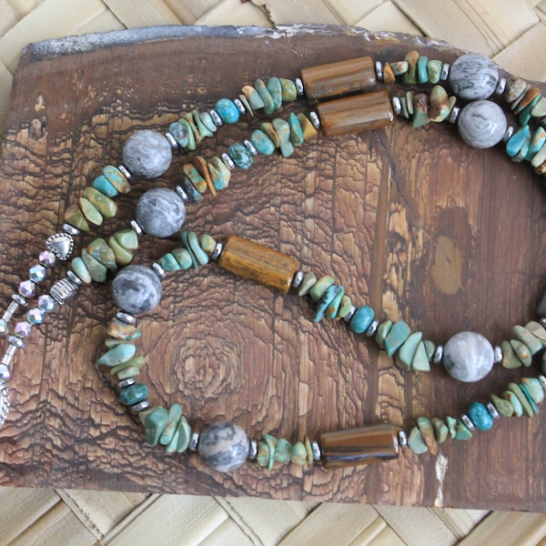 TURQUOISE NECKLACE TIGER Eye Necklace! 25 Inches Necklace Gray Lace Agate Necklace Turquoise Jasper Necklace Turquoise Stone Chip Necklace