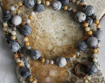 26" Spider Web Jasper Necklace, Crazy Lace Agate Boho Beaded Necklace