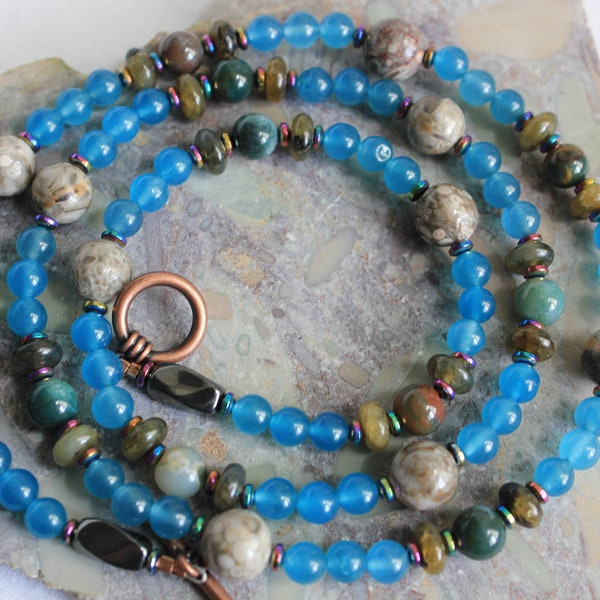 LOVELY LONG STONE 30 Inches! Necklace All Stone Unique Necklace Apatite Sea Fossil Labradorite Indian Agate Boho Blue Stone Necklace