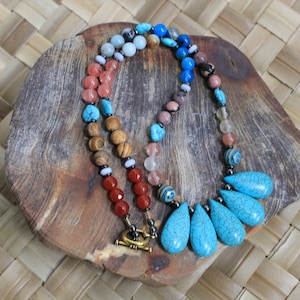 RHODONITE NECKLACE BLUE Lace Agate Necklace 23 Inches Necklace Turquoise Howlite Necklace Multi-Stone Necklace Calming Necklace